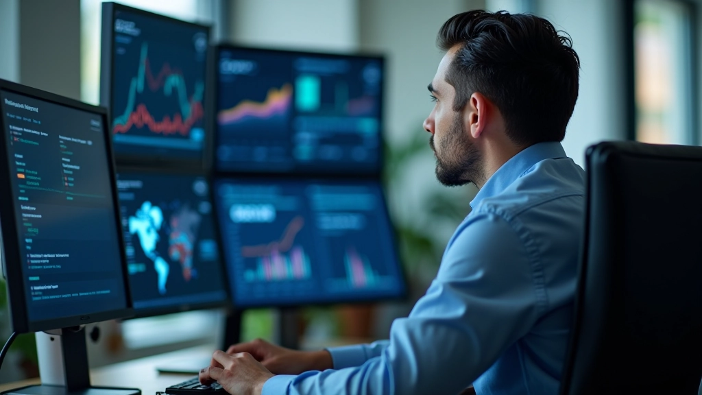 Analyste financier travaillant avec données de marché et graphiques de performance sur écrans multiples