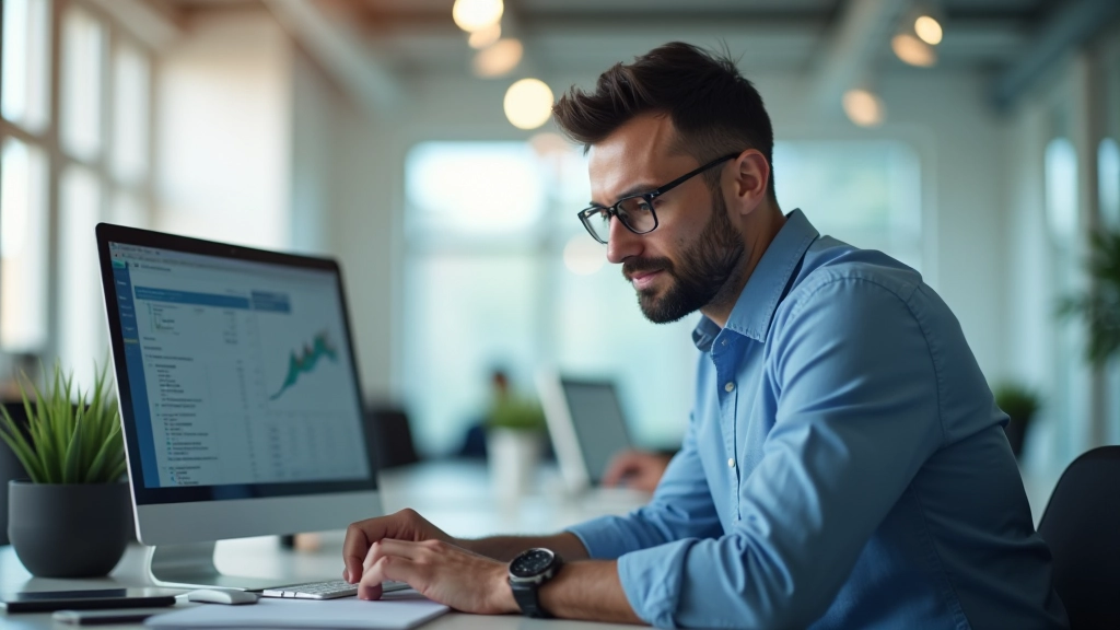 Professionnel regardant un écran avec courbes de performance de fonds d'actions, bureau moderne